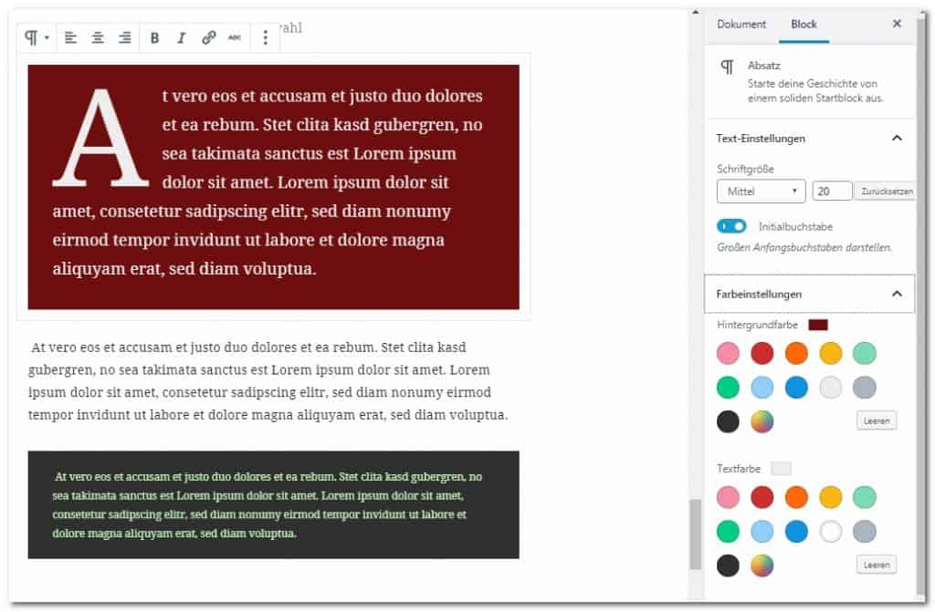 Die Seitenleiste enthält zusätzliche Formatierungsoptionen für Blocktypen