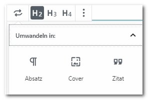 Die Umwandlungsoptionen eines Überschriftenblocks