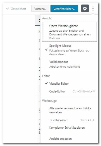 Einstellungen, die die Arbeitsweise des Gutenberg Editors beeinflussen
