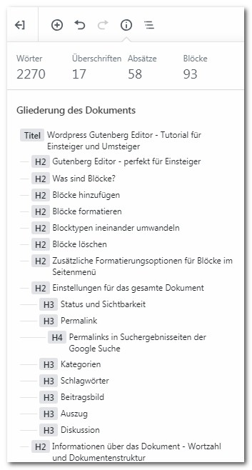 Wörter zählen im Gutenberg Editor - Methode 2: Das i-Symbol oben links 