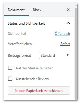 Die Einstellungen für Dokumente im Seitenmenü waren auch schon im Classic Editor verfügbar