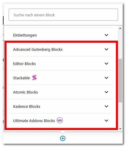 Das Bild zeigt eine Liste mit installierten Block-Bibliotheken. Diese werden in der Liste weiter unten noch einmal zusammen mit einem Link zur Plugin-Seite aufgeführt. 